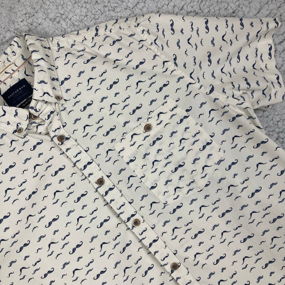 Cactus Man Button Shirt L Slim Fit White Blue Short Sleeve Mustaches Handlebar